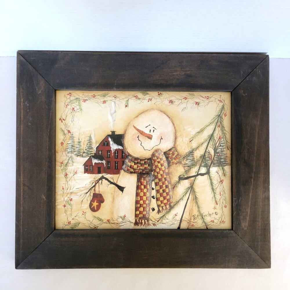 Pat Fischer "Rustic Snowman" Folk Art Print with Barnwood Frame Winter Scene